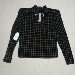 Tie-Neck Plaid Long-Sleeve Top - Black